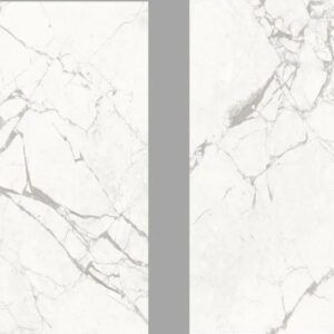 Two Bianco Carrara Porcelain Tiles with distinctive gray veining are displayed side by side, separated by a vertical gray strip. Each tile showcases unique natural vein patterns.