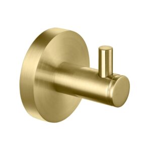 The Halo Robe Hook is a round, wall-mounted brass hook with a brushed gold finish and a cylindrical peg for hanging items.