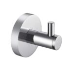 The Halo Robe Hook features a sleek, modern wall-mounted chrome design with a cylindrical shape and round base, perfect for hanging towels or robes in bathrooms.