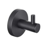 The Halo Robe Hook is a black, modern wall-mounted hook featuring a circular base and a short cylindrical peg for hanging items.