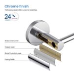 Diagram of the Halo Bathroom Towel Bar’s chrome-finished rod, showing labeled layers: plating finish, nickel protection, copper, and brass. Features a 24-hour acid spray test and excellent wear and scratch resistance.