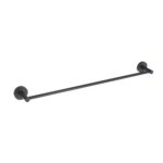 The Halo Bathroom Towel Bar is a black, wall-mounted towel bar with a minimalist design, featuring cylindrical ends and a straight horizontal rod.