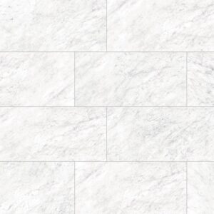 Bianco Carrara Porcelain Tiles are set in a staggered brick pattern, showcasing subtle gray veining and a polished finish, with defined grout lines between each rectangular tile for an elegant appearance.