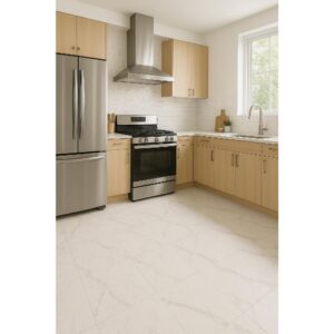 Modern kitchen with light wood cabinets, stainless steel appliances, a gas stove with vent hood, double-door refrigerator, white tile backsplash, and a large window above the sink. The floor features large format tiles with a subtle marble pattern.