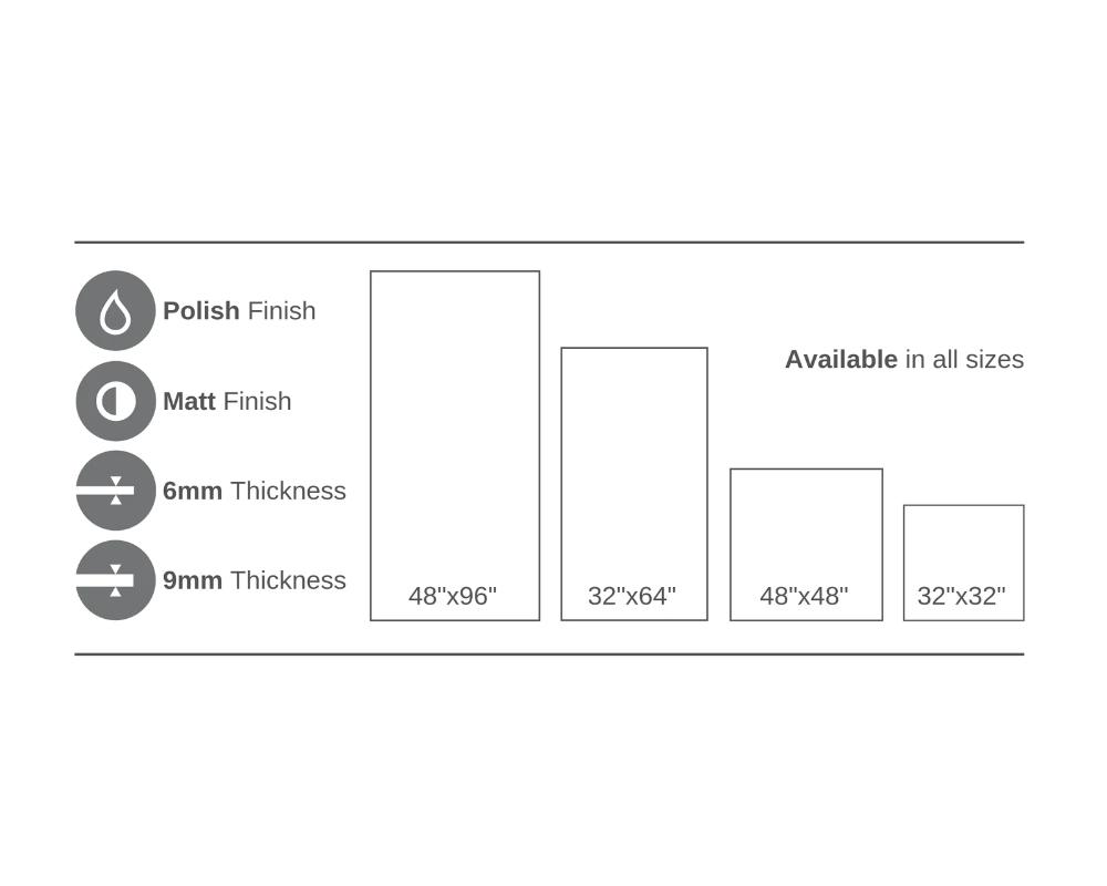 A chart showcases Bianco Carrara Porcelain Tiles in 48x96, 32x64, 48x48, and 32x32 sizes, with icons for Polish and Matt finishes. All sizes are available in both 6mm and 9mm thickness options.