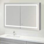 A modern bathroom vanity features the Royale Plus 40 Inch LED Lighted Mirror Medicine Cabinet above a white countertop and sink, complemented by a single-handle faucet and sleek light gray cabinetry.