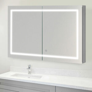 A modern bathroom vanity features the Royale Plus 40 Inch LED Lighted Mirror Medicine Cabinet above a white countertop and sink, complemented by a single-handle faucet and sleek light gray cabinetry.