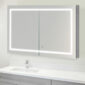 A modern bathroom vanity features the Royale Plus 40 Inch LED Lighted Mirror Medicine Cabinet above a white countertop and sink, complemented by a single-handle faucet and sleek light gray cabinetry.