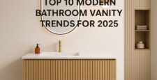 Minimalist bathroom with a floating wood vanity, white countertop, gold faucet, oval backlit mirror, pendant light, and open shelves. Text over mirror reads Top 10 Modern Bathroom Vanity Trends for 2025.