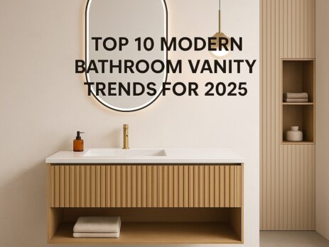 Minimalist bathroom with a floating wood vanity, white countertop, gold faucet, oval backlit mirror, pendant light, and open shelves. Text over mirror reads Top 10 Modern Bathroom Vanity Trends for 2025.