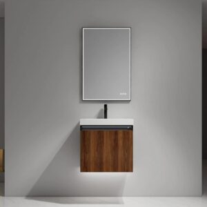The Lille Wall Mounted Bathroom Vanity features a minimalist design with a vertical-grooved wooden cabinet, a rectangular mirror above the wall-mounted sink, and a modern, uncluttered look set against a plain gray wall.