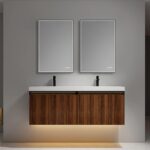 The Lille Wall Mounted Bathroom Vanity features two rectangular mirrors, dual black faucets, and a floating wooden cabinet with vertical grooves, illuminated from below for a minimalist, stylish appearance.