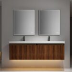 A modern bathroom features the Lille Wall Mounted Bathroom Vanity with two sinks and rectangular mirrors above; warm under-cabinet lighting highlights the sleek, minimalist design.