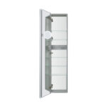 The Royale 15 inch × 70 inch Side Tall Medicine Cabinet is wall-mounted, with the door open to show multiple glass shelves and a small round magnifying mirror attached inside.