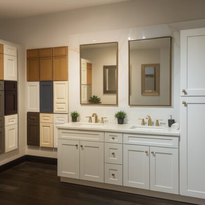A modern bathroom features affordable custom bathroom vanities with white cabinets, gold fixtures, two mirrors, potted plants, and a wall displaying various cabinet door samples in different colors and styles.