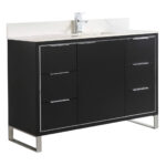 Modern bathroom vanity with a black cabinet, silver handles, and legs. It has six drawers, a central double-door cabinet, a white countertop, and a rectangular sink with a single-handle faucet.
