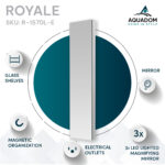 The Royale 15 inch × 70 inch Side Tall Medicine Cabinet features glass shelves, magnetic organization, electrical outlets, and a 3x LED lighted magnifying mirror. Includes Aquadom logo and SKU: R-1570L-E.