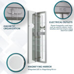 The Royale 15 inch × 70 inch Side Tall Medicine Cabinet is shown open with glass shelves, featuring a magnetic organization strip, built-in electrical outlets for devices, and an integrated LED magnifying mirror.