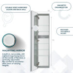The Royale 15×70 inch Side Tall Medicine Cabinet features double-sided mirrored doors, glass shelves, a removable LED magnifying mirror, magnetic organization, and options for recessed or surface mounting.