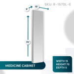 The Royale 15 inch × 70 inch Side Tall Medicine Cabinet with a mirrored door (SKU: R-1570L-E), measuring 15"W x 70"H x 5"D, is shown in the top right corner.