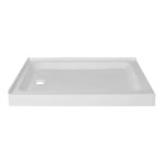 The Nova Shower Base is rectangular, white, with a slightly raised edge and a corner circular drain hole.