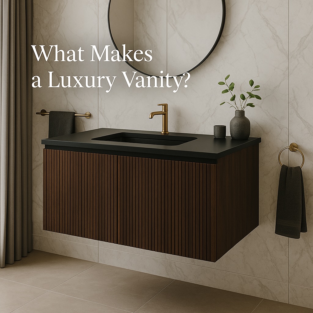 A modern bathroom with a floating dark wood luxury vanity, black countertop, gold faucet, round mirror, and minimal decor. Text on image reads, What Makes a Luxury Vanity?.