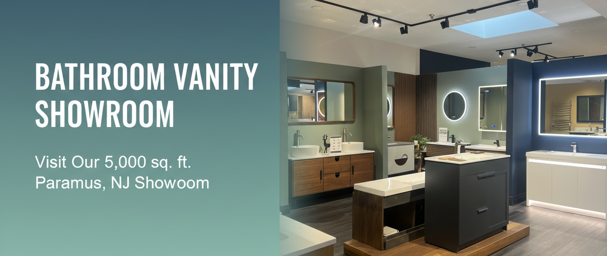 Modern bathroom vanity showroom featuring a wide selection of bathroom vanities, sinks, mirrors, and cabinets; text reads Bathroom Vanity Showroom, Visit Our 5,000 sq. ft. Paramus, NJ Showroom on a blue-green gradient background.
