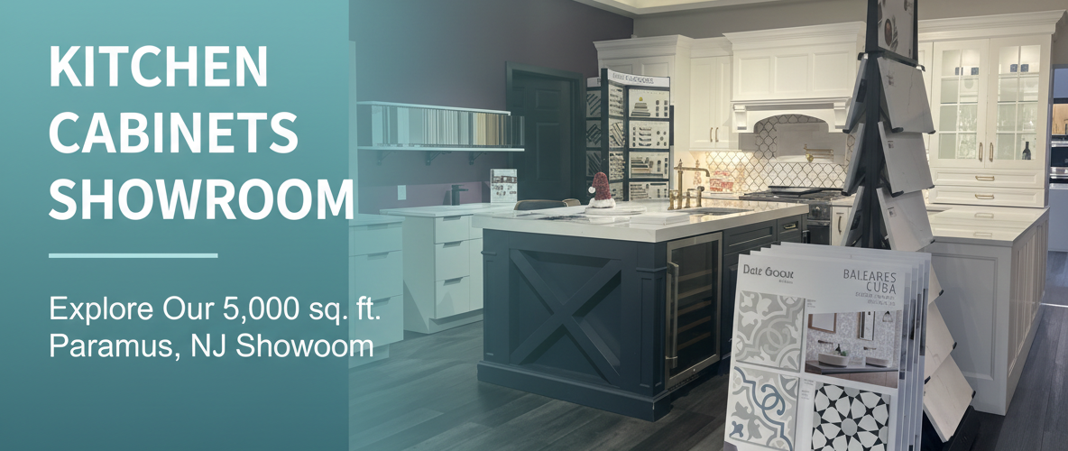 ANVE Kitchen Showroom Kitchen cabinets showroom with elegant white and dark cabinetry displays, a sample tile stand in the foreground, and promotional text highlighting a spacious 5,000 sq. ft. kitchen cabinets showroom in Paramus, NJ on the left side.