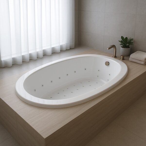 An oval white Jacuzzi bathtub with jets is set into a light wood platform in a modern bathroom. A silver faucet, folded towels, and a small potted plant are placed nearby as light filters through a sheer curtain.