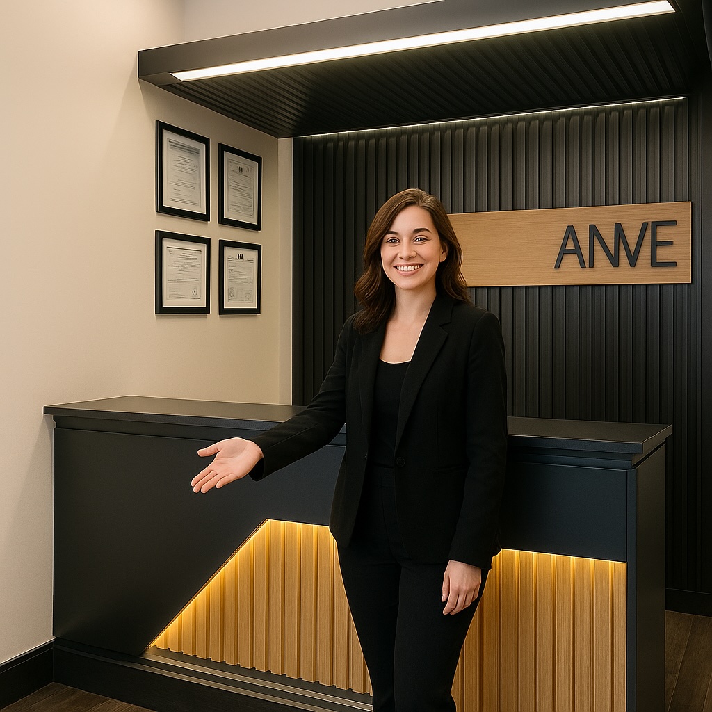Welcome to ANVE Kitchen & Bath — We’re Here to Help Friendly showroom associate welcoming customers at the ANVE Kitchen & Bath reception area.
