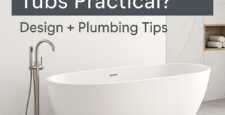 A modern bathroom with a white freestanding bathtub, floor-mounted faucet, and built-in shelf. Text reads: Are Freestanding Tubs Practical? Design + Plumbing Tips.