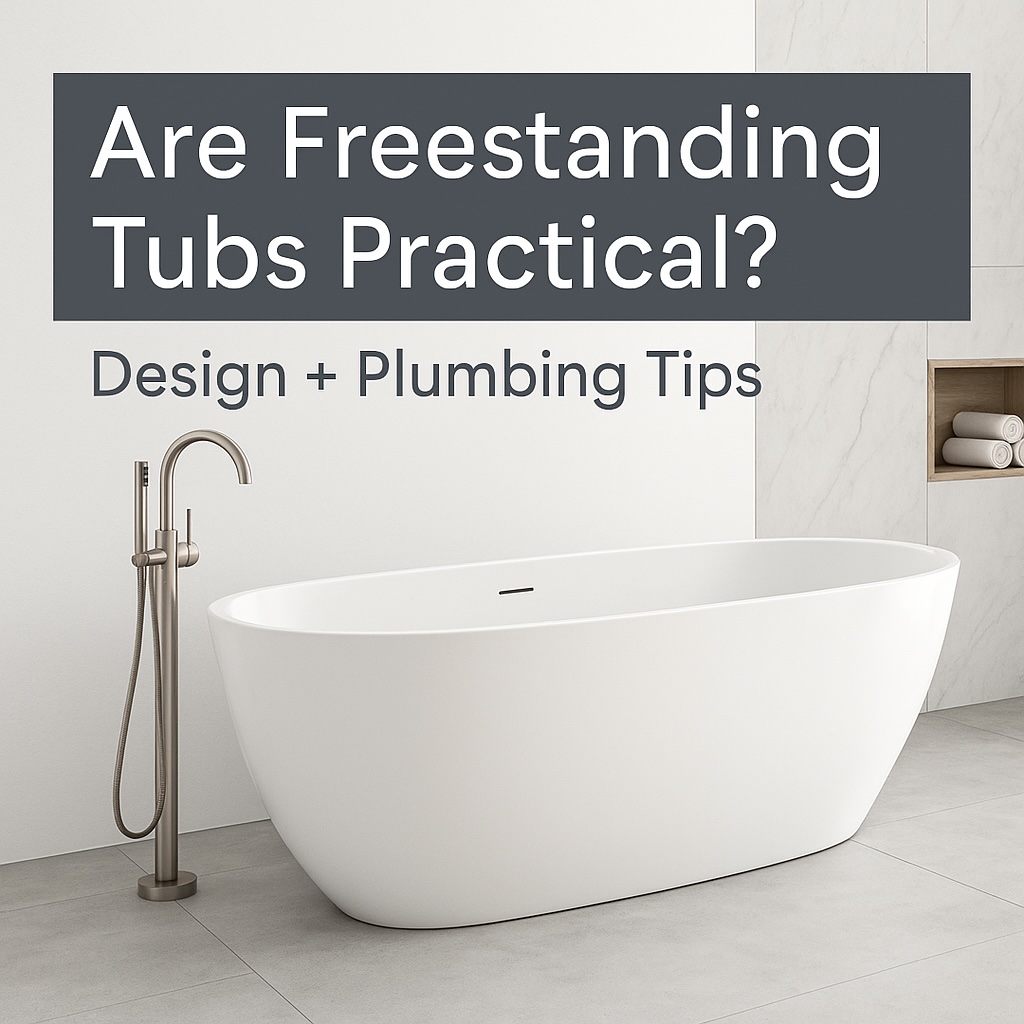 A modern bathroom with a white freestanding bathtub, floor-mounted faucet, and built-in shelf. Text reads: Are Freestanding Tubs Practical? Design + Plumbing Tips.