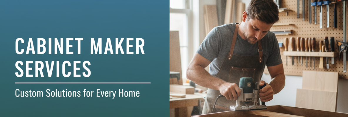 Cabinet Maker Services A man uses a woodworking tool on a wooden cabinet frame in a workshop. Text reads “Cabinet Maker Services—Custom Solutions for Every Home” with the ANNE Kitchen Bath Tile logo.