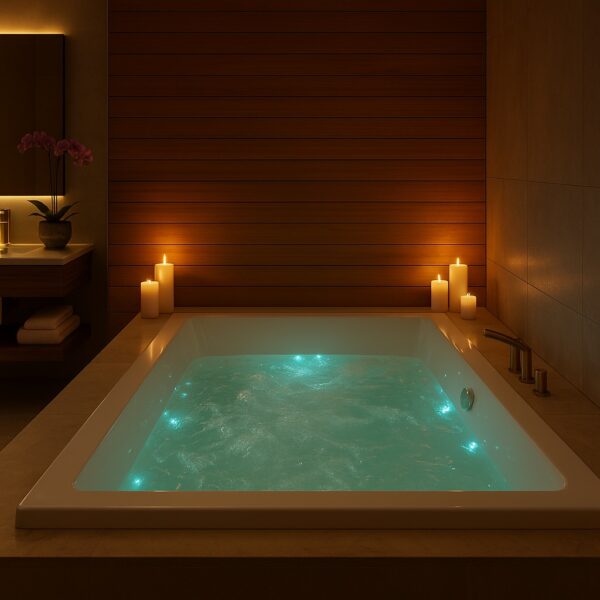 A luxurious Jacuzzi bathtub filled with softly glowing water, surrounded by lit candles on the edges. The warm lighting and wooden wall create a relaxing, spa-like atmosphere, while an orchid in a vase decorates the counter in the background.