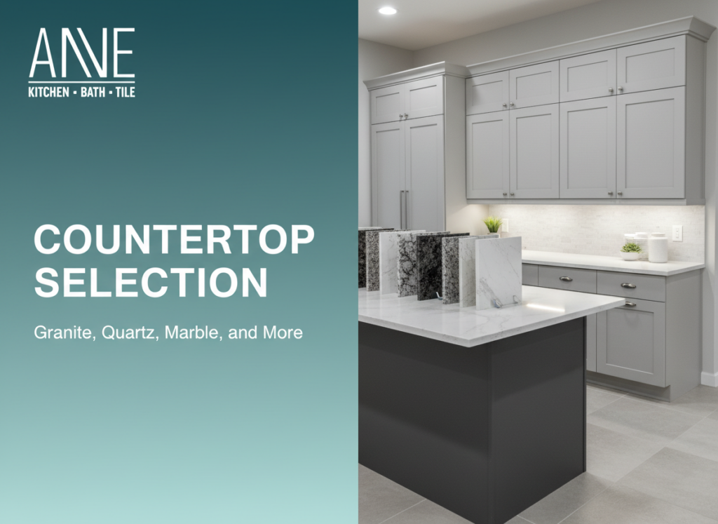Countertop Selection Banner A modern kitchen with light grey kitchen cabinets and a large island featuring a white countertop. Several countertop samples are displayed on the island. Text reads “Countertop Selection: Granite, Quartz, Marble, and More.”.