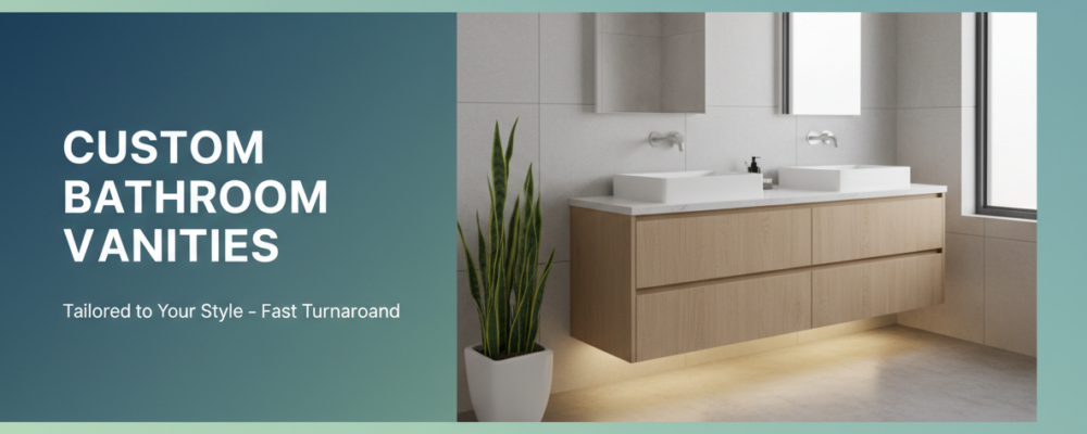 Modern bathroom with a floating wooden double vanity, two vessel sinks, large mirror, potted plant, and under-cabinet lighting. Text reads: Custom Bathroom Vanities. Tailored bathroom vanities to your style – fast turnaround.