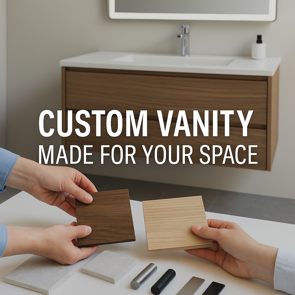 Custom Vanity For Your Bathroom Two people hold wood samples in front of a wall-mounted bathroom vanity. Several countertop samples and cabinet handles are on the table. Text reads, Custom Vanity Made For Your Space by Anve Kitchen And Bath Design Center.