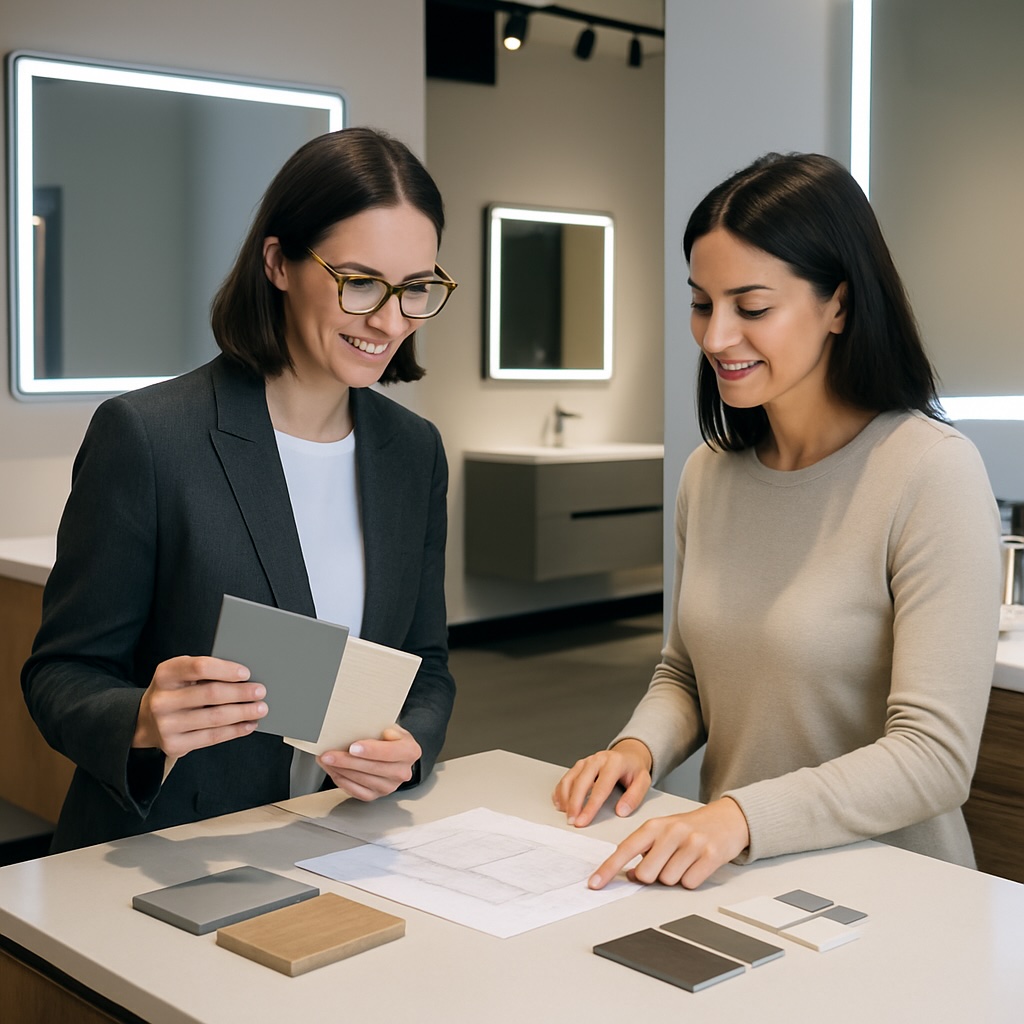 Designers at Anve Kitchen & Bath Paramus NJ showroom. Designer helping customer choose bathroom vanity finishes and tile samples in the Anve Kitchen & Bath Paramus NJ showroom.