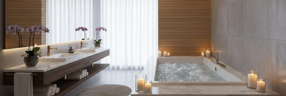 Modern bathroom with a large Jacuzzi bathtub surrounded by lit candles, wooden accent wall, double sink vanity with flowers, large mirror, and sheer white curtains letting in natural light.