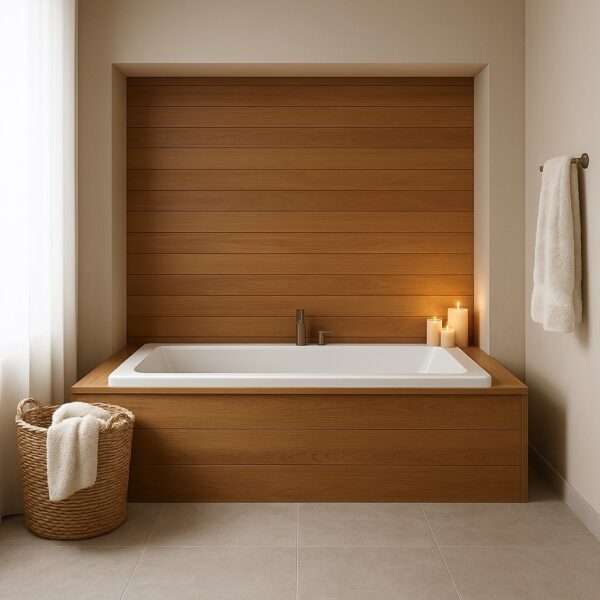 A modern bathroom with a built-in Jacuzzi bathtub surrounded by light wood paneling. Two lit candles sit on the tub ledge, a towel hangs on the wall, and a wicker basket with a rolled towel is nearby. Soft daylight filters in.