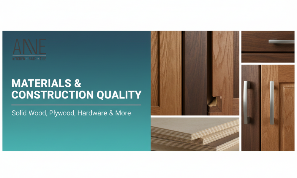 Materials & Construction Quality A promotional graphic for ANE Kitchen Bath Tile featuring text about materials and construction quality, with photos of wood cabinetry, plywood sheets, and close-up cabinet handles.