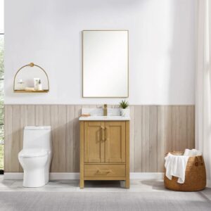 A modern bathroom with a white toilet, Basel 24 Inch Bathroom Vanity, sink, rectangular mirror, floating shelf with toiletries, towel basket, wood paneling, and a large window with white curtains.