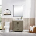 A modern bathroom with a white toilet, Basel 30 Inch Bathroom Vanity with sink, square mirror, potted plant, wall shelf holding toiletries, and a wicker basket of towels on a light tiled floor.