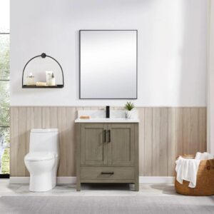 A modern bathroom with a white toilet, Basel 30 Inch Bathroom Vanity with sink, square mirror, potted plant, wall shelf holding toiletries, and a wicker basket of towels on a light tiled floor.