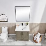 Modern bathroom with a white toilet, a Basel 30 Inch Bathroom Vanity featuring a square sink, black faucet, large square mirror, and a basket of rolled white towels on a marble-patterned floor.