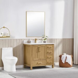 A modern bathroom highlights the Basel 36 Inch Bathroom Vanity with a white countertop, sink, and square mirror. To the left is a white toilet; to the right, a woven laundry basket sits by light wood paneling and a soft gray rug.