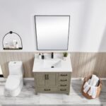 A modern bathroom showcases the Basel 36 Inch Bathroom Vanity with a white sink, square mirror, small plant, soap and toiletries on the counter, round shelf with products, and a wicker basket of towels on the floor.