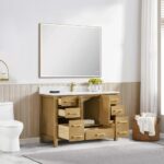 A modern bathroom with a Basel 48 Inch Bathroom Vanity, multiple open drawers and cabinets, a large mirror above, a white toilet, and vertical light-colored paneled walls illuminated by natural window light.