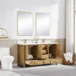 A modern bathroom features a Basel 60 Inch Double Bathroom Vanity with double sinks, two mirrors above, open cabinet doors and drawers showing storage and towels, a white toilet, a towel basket, and a plant on the countertop.