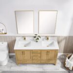 A modern bathroom features a Basel 60 Inch Double Bathroom Vanity with a wooden double-sink, white countertop, two square mirrors above, and a potted plant in the center. A toilet sits on the left and a round wicker basket with towels is on the right.